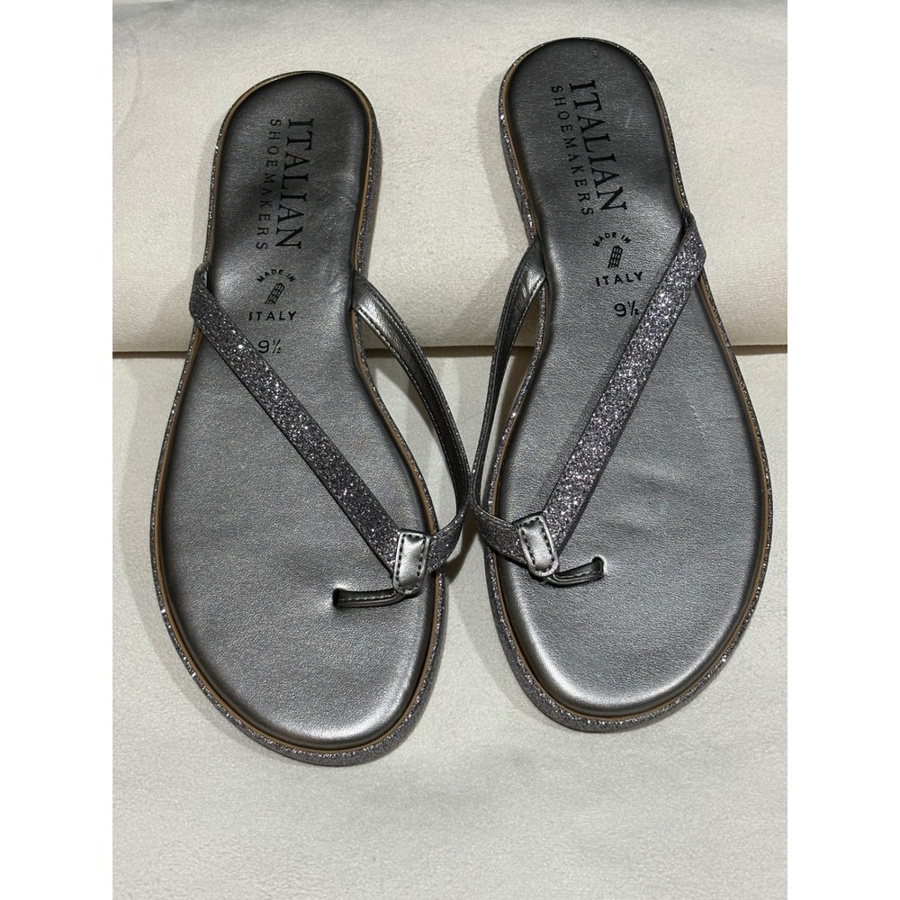 Italian Shoemakers Womens Glitter Trim Thong Sandals Gunmetal Metallic Flat 9.5